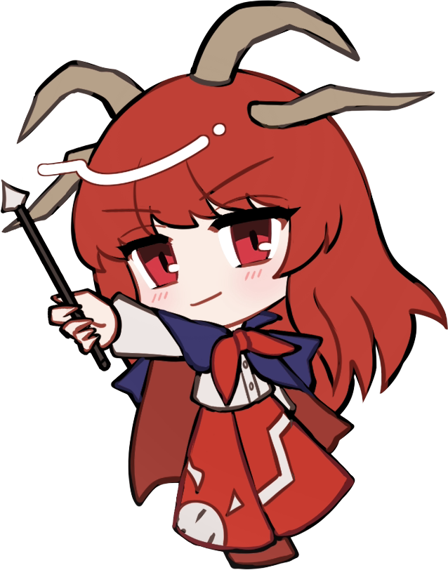 1girl, blue_cape, blush, brown_horns, buttons, cape, chibi, chibi_only