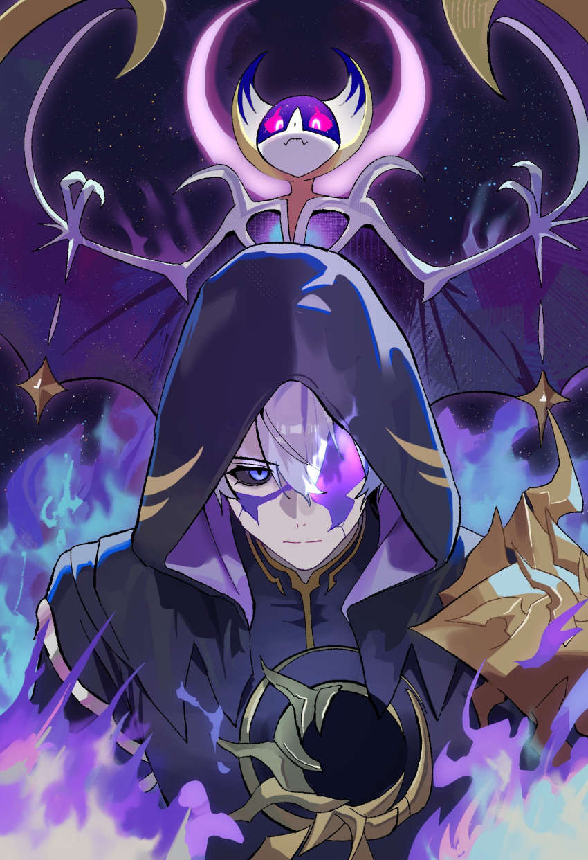 1boy, absurdres, armor, black_sclera, black_shirt, blue_eyes, blue_fire, closed_mouth, collared_shirt, colored_sclera, commentary, cracked_skin, crossover, english_commentary, fangs, fire, hazozoyaku, highres, honkai:_star_rail, honkai_(series), hood, hood_up, lunala, male_focus, one_eye_covered, pauldrons, phainon_(flame_reaver)_(honkai:_star_rail), phainon_(honkai:_star_rail), pokemon, pokemon_(creature), purple_fire, shirt, short_hair, shoulder_armor, single_pauldron, solo, upper_body, violet_eyes, white_hair, wings