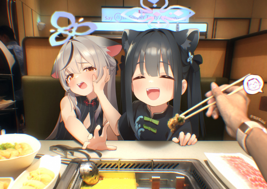 1boy, 2girls, animal_ear_fluff, animal_ears, artist_name, black_hair, black_streaks, blue_archive
