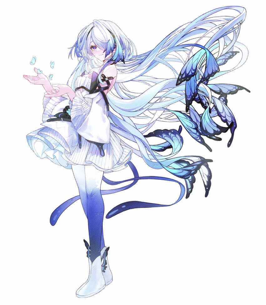 1girl, atsuhito_1868, bare_shoulders, blue_butterfly, blue_pantyhose, boots, bug, butterfly, chunithm, commentary, detached_sleeves, dress, gradient_pantyhose, grey_hair, hair_over_one_eye, highres, irene_curious, long_hair, long_sleeves, looking_at_viewer, off-shoulder_dress, off_shoulder, one_eye_covered, pantyhose, simple_background, solo, standing, strapless, strapless_dress, very_long_hair, violet_eyes, white_background, white_boots, white_dress, white_pantyhose, white_sleeves, wide_sleeves