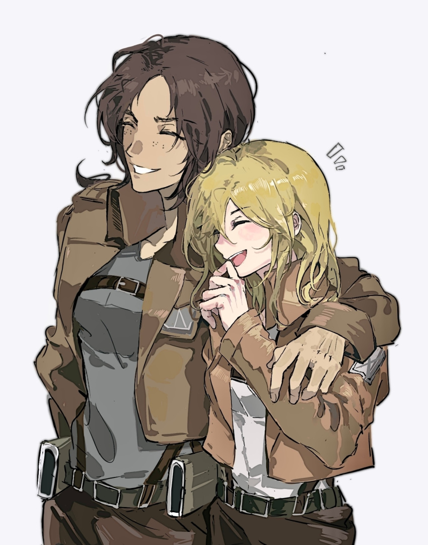 2girls, ^_^, arm_around_neck, blonde_hair, blush, brown_hair, brown_jacket, brown_pants