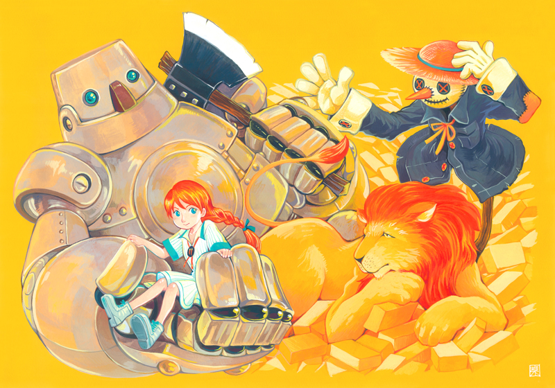 1girl, axe, braid, closed_mouth, commentary_request, cowardly_lion, dorothy_gale, gold_bar