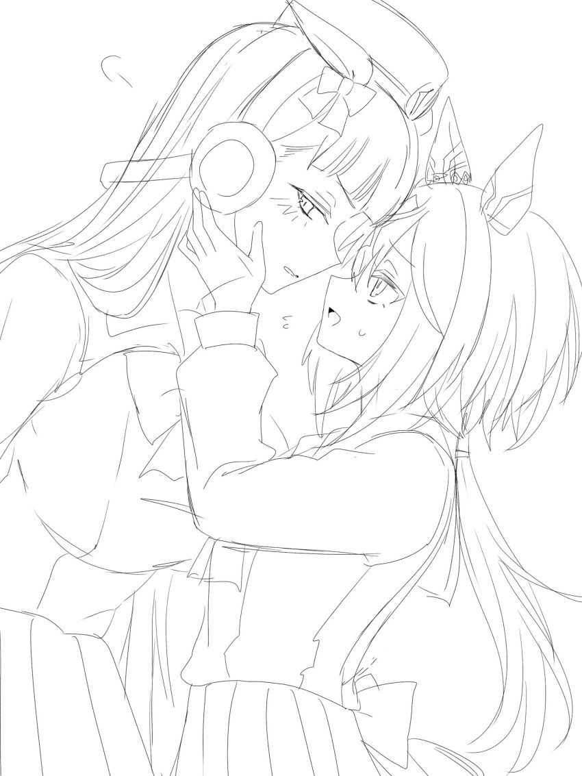 2girls, animal_ears, averting_eyes, blunt_bangs, blush, bow, breast_size_difference, breasts