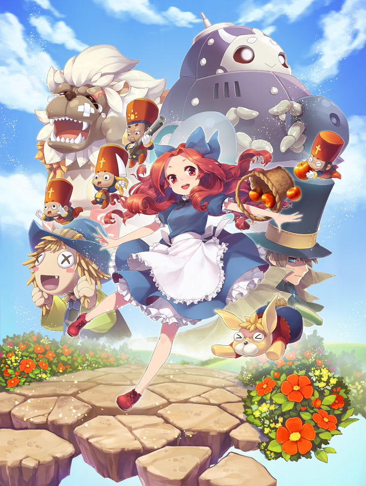 1girl, 6+boys, apple, apron, basket, blue_dress, blue_sky, commentary_request