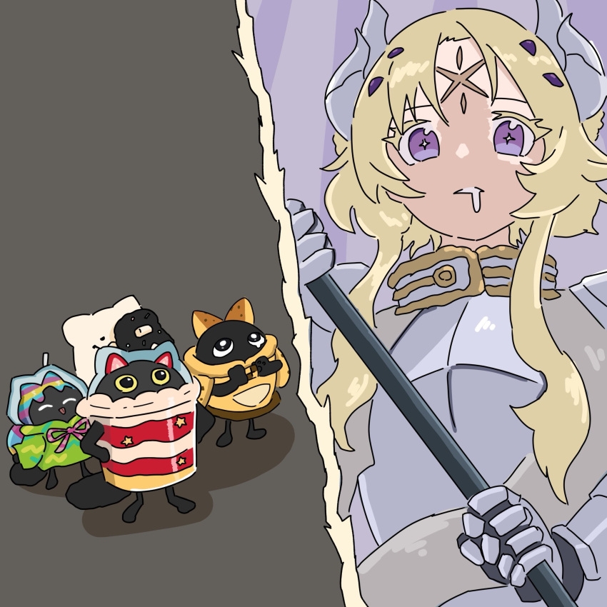1girl, 4others, animal-themed_food, armor, black_cat, blonde_hair, cat, cooky_yummy