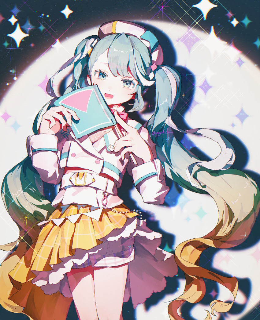 1girl, antenna_39_(vocaloid), aqua_eyes, aqua_hair, bow, bowtie, dress, flag