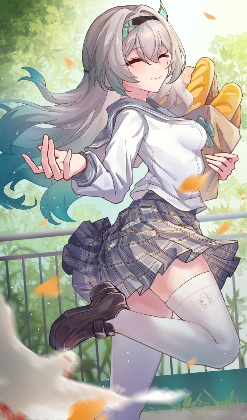 1girl, absurdres, aqua_hair, bag, baguette, black_hairband, bread, breasts