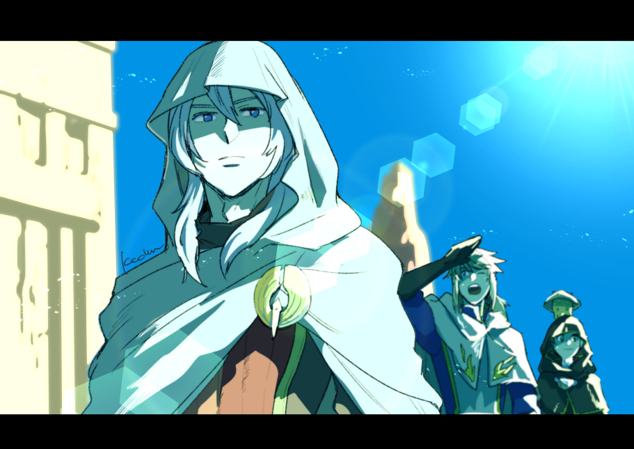1other, 2boys, blonde_hair, blue_eyes, closed_mouth, commentary_request, day, kachidama
