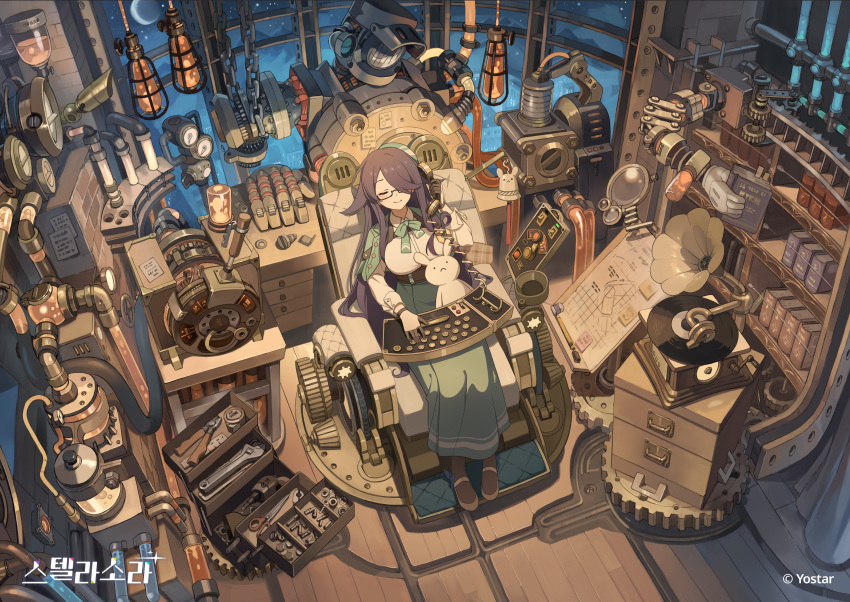 1girl, absurdly_detailed_composition, absurdres, adjustable_wrench, bell, black_gloves, black_hair, blue_sky
