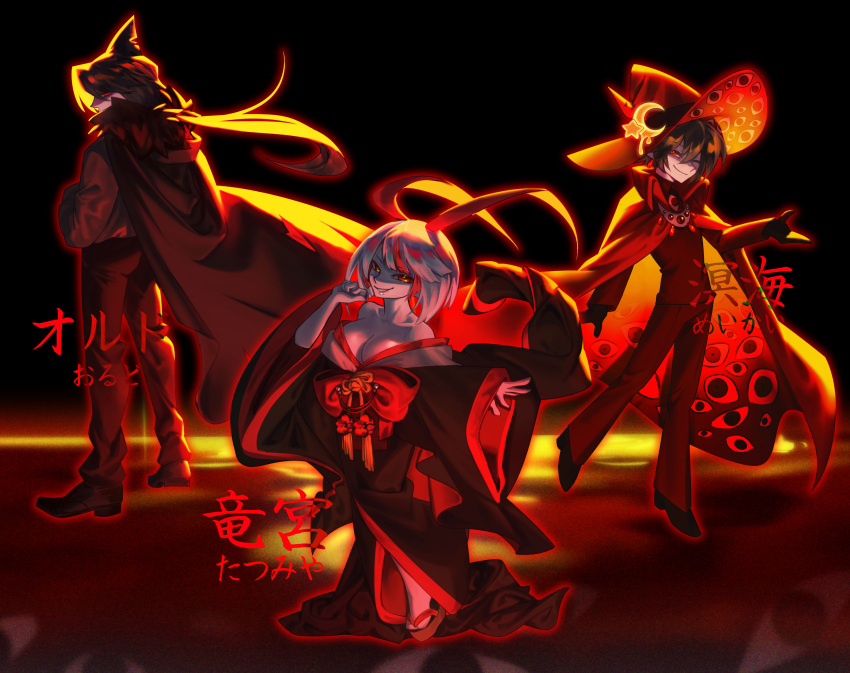 1girl, 2boys, absurdres, antenna_hair, black_cape, black_hair, brown_hair, cape