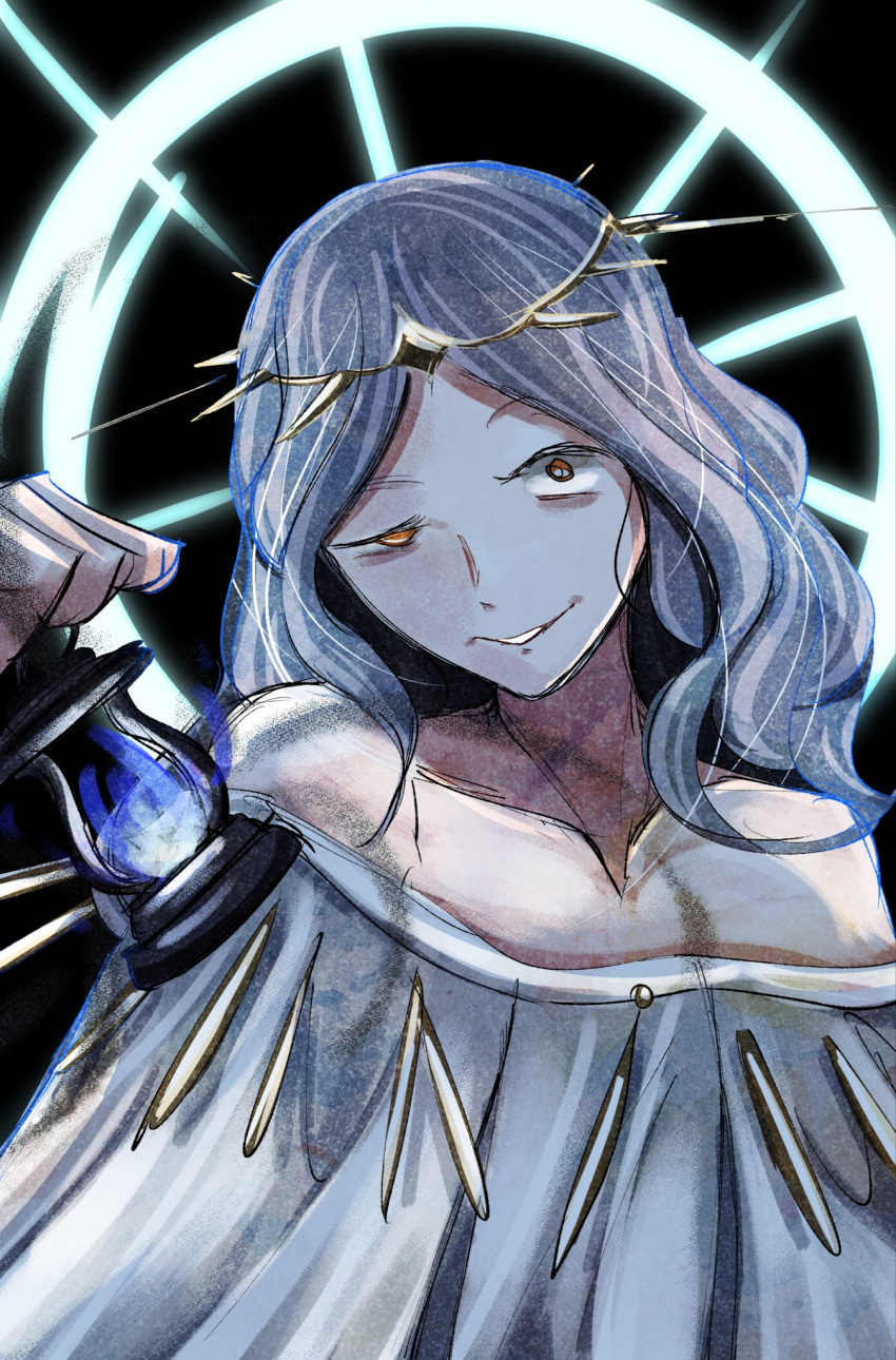 1girl, black_background, ceraphina_(octopath_traveler), circlet, collarbone, commentary_request, dress, e_toukou_test, evil_smile, full_body, grey_hair, half-closed_eye, highres, holding, holding_lantern, lantern, long_hair, looking_at_viewer, octopath_traveler, octopath_traveler:_champions_of_the_continent, octopath_traveler_0, off-shoulder_dress, off_shoulder, smile, solo, veil, wavy_hair, white_dress