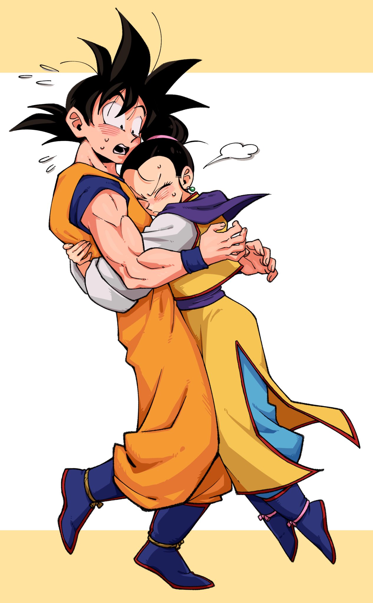 1boy, 1girl, arms_around_another's_back, bare_arms, black_eyes, black_hair, blue_boots, blush
