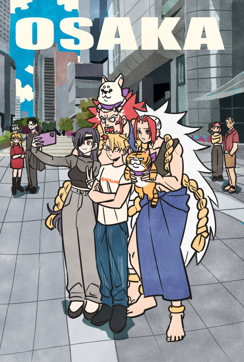 4boys, 4girls, :<, alternate_costume, animal, animal_on_head, anklet, asa_(yomi_no_tsugai)
