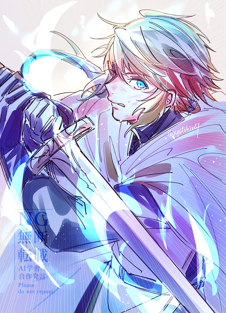 1boy, bishounen, blue_eyes, blue_fire, cape, commentary_request, fire, floating_hair