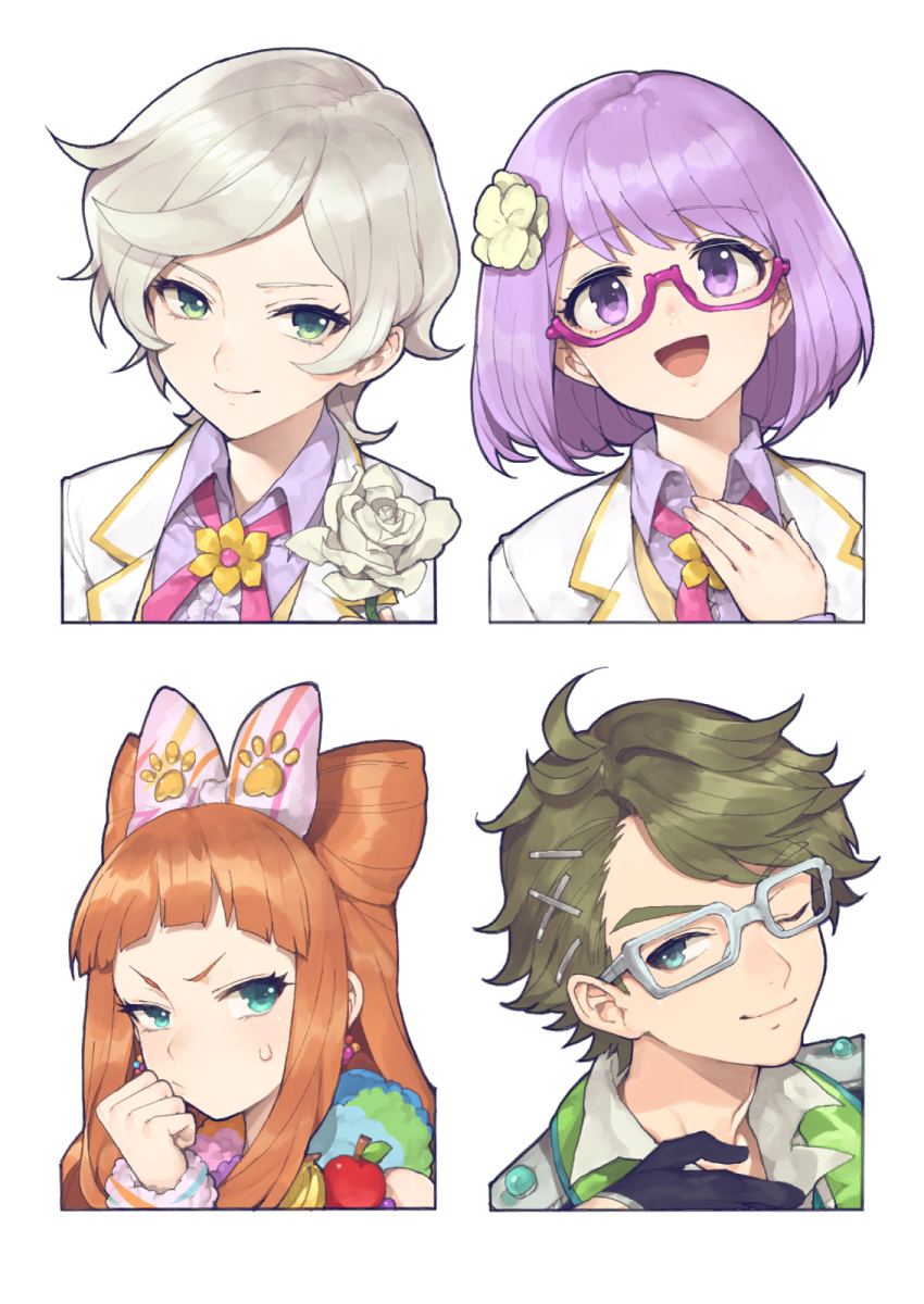 1boy, 3girls, :d, aikatsu!_(series), aikatsu_stars!, apple, blonde_hair, blunt_bangs