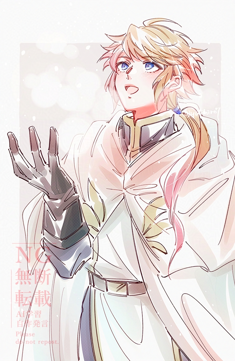 1boy, belt, bishounen, black_gloves, blonde_hair, blue_eyes, cape, commentary_request