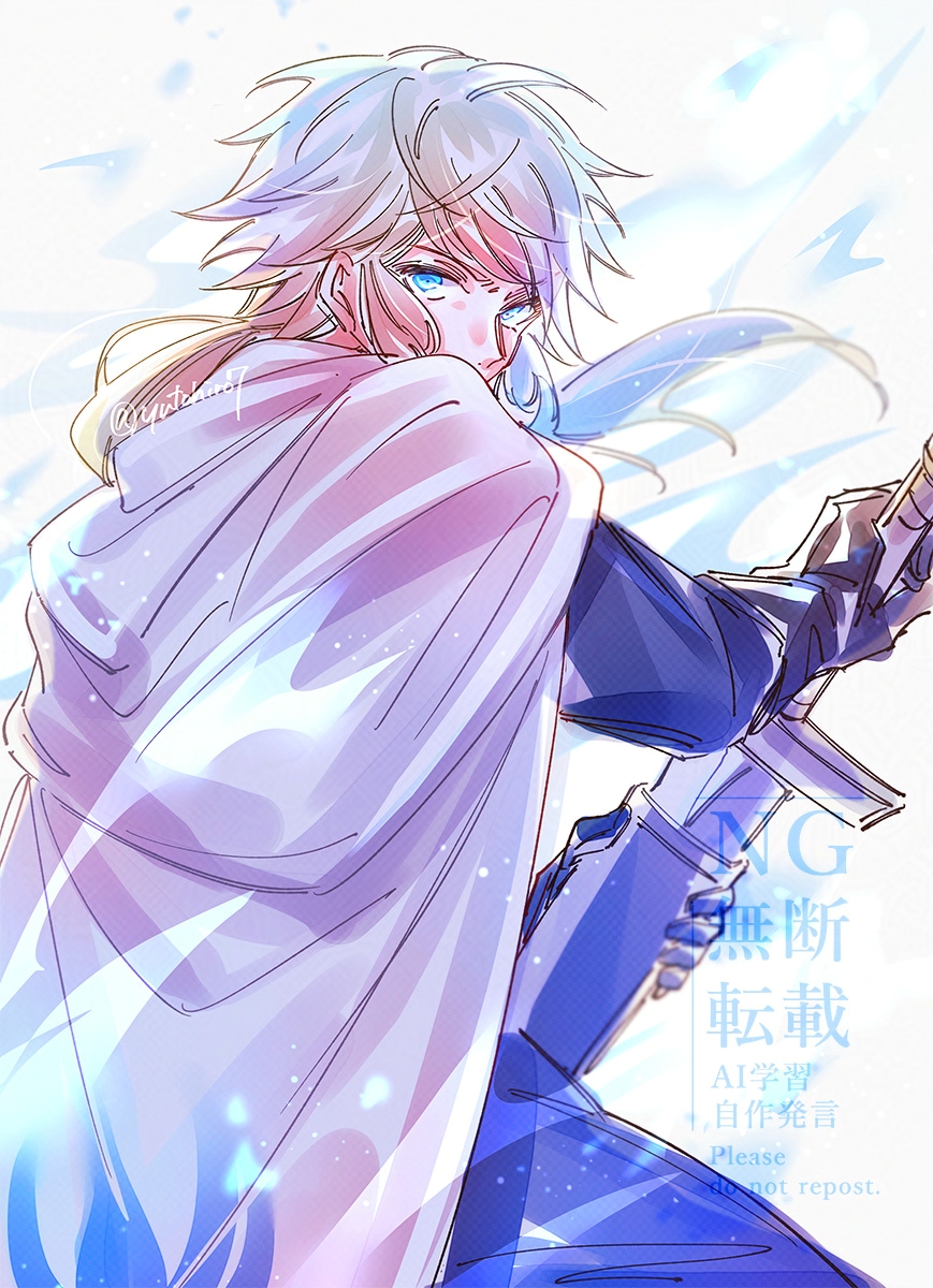1boy, bishounen, blonde_hair, blue_eyes, blue_fire, cape, commentary_request, fire