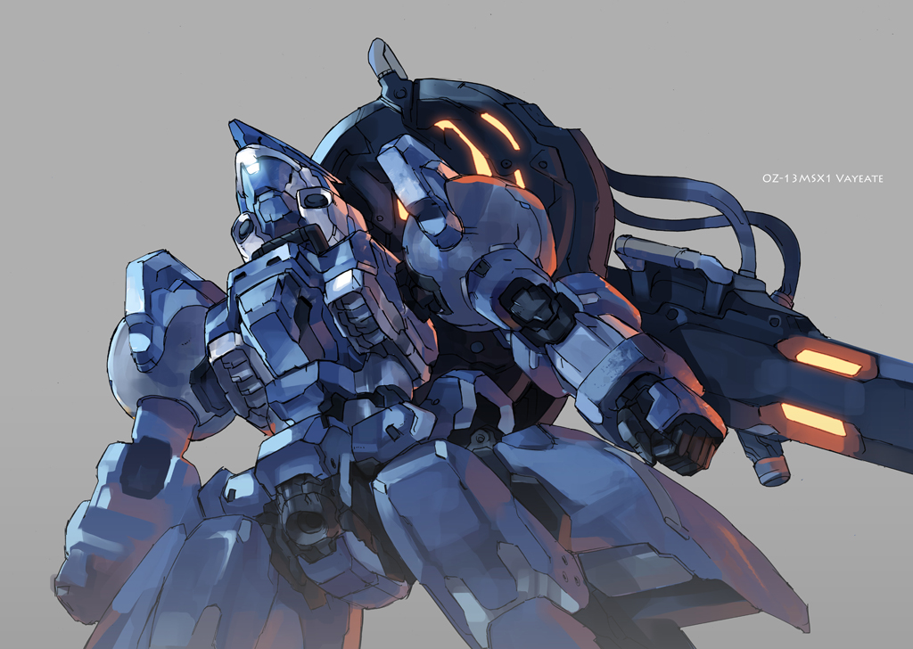 gun, gundam, gundam_wing, mecha, no_humans, pump_(artist), simple_background, solo