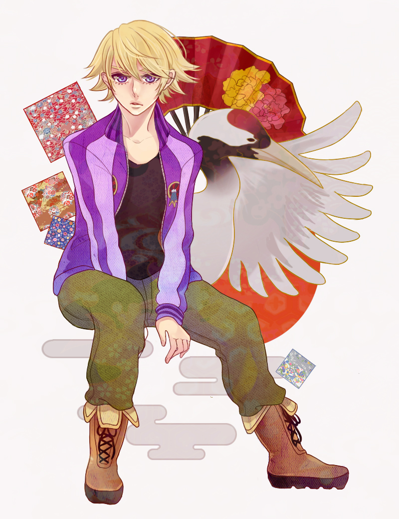 bad_id, bird, blonde_hair, boots, crane, crane_(animal), eyelashes, fan