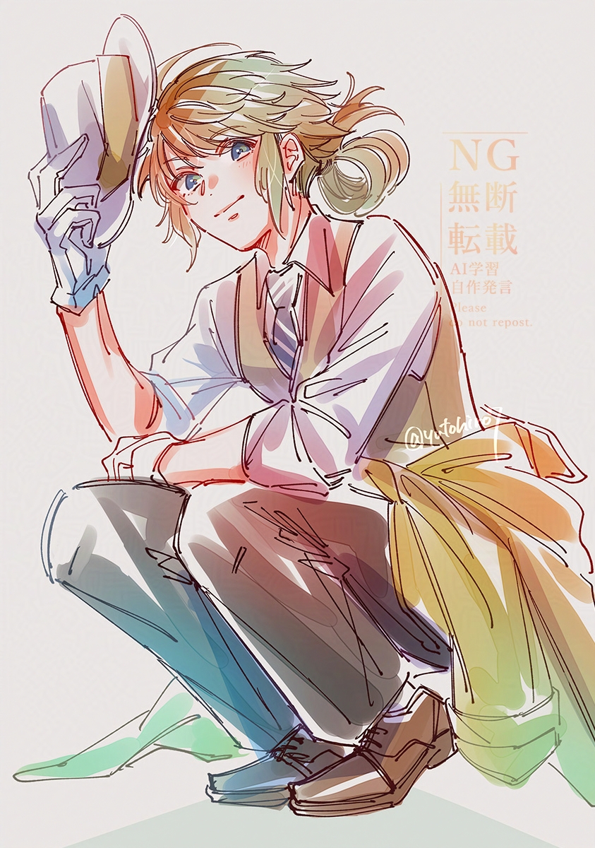 1boy, bishounen, black_pants, blonde_hair, brown_shoes, closed_mouth, commentary_request, cosplay