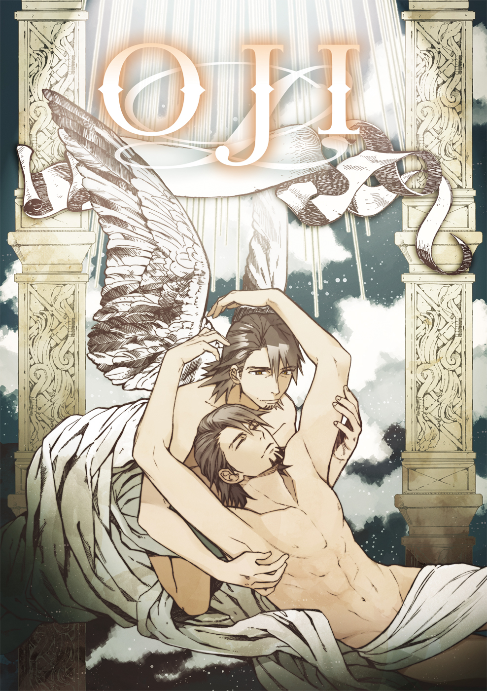 angel, brown_eyes, brown_hair, dual_persona, facial_hair, fine_art_parody, highres, kaburagi_t_kotetsu, multiple_boys, nazu_ojisan, parody, ribbon, short_hair, stubble, tiger_&amp;_bunny, wings