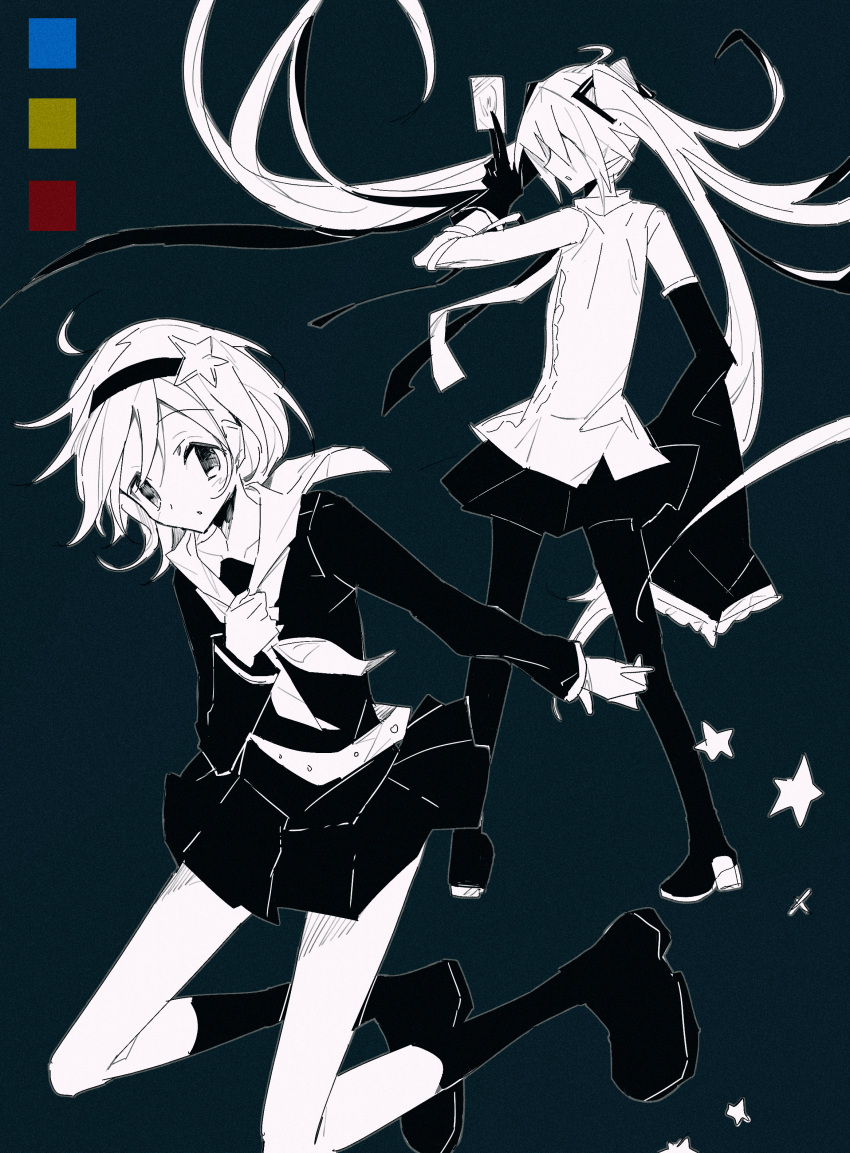 2girls, absurdres, batsu_game_(vocaloid), boots, closed_mouth, commentary, detached_sleeves, full_body
