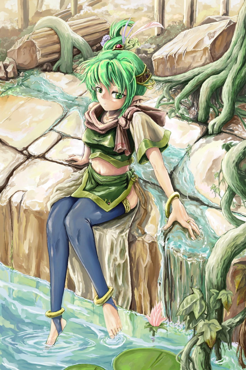 bangle, barefoot, bracelet, copyright_request, feet, feet_in_water, flower, green_eyes