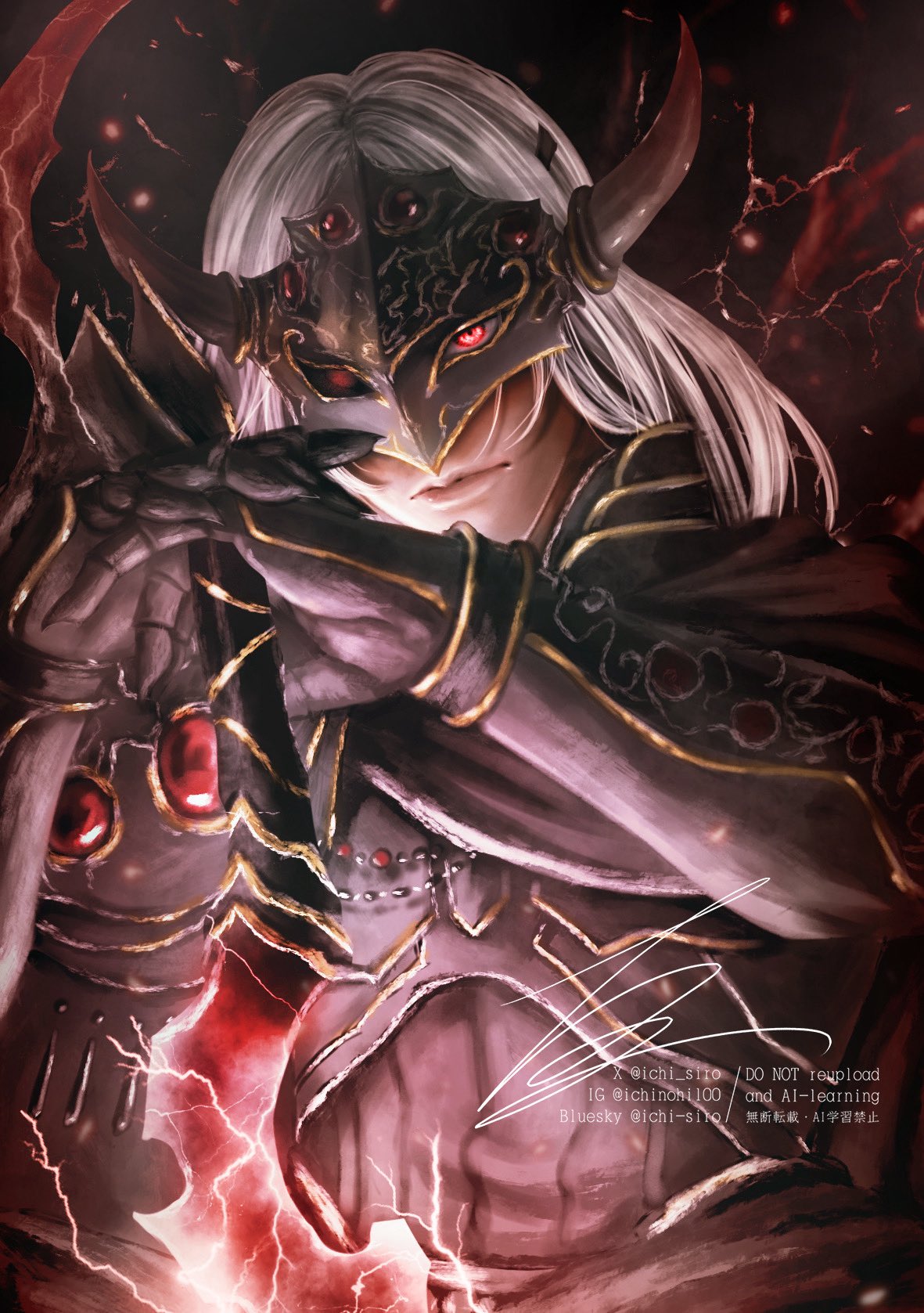 1boy, black_mask, bluesky_username, closed_mouth, commentary_request, gem, gold_trim, highres