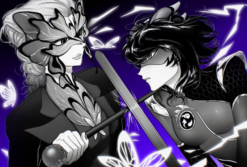 2girls, blue_background, bug, butterfly, cane, chrysalis_(miraculous_ladybug), commentary_request, eye_mask, greyscale_with_colored_background, highres, holding, holding_cane, holding_sword, holding_weapon, jacket, kagami_tsurugi, korean_commentary, lila_rossi, mask, miraculous_ladybug, multiple_girls, qwgki, ryuko_(miraculous_ladybug), sword, weapon