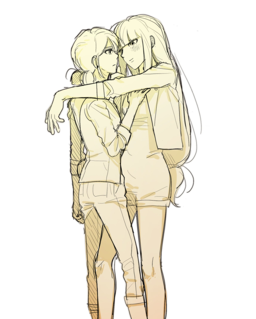 2girls, arm_on_another's_shoulder, commentary, earrings, hand_on_another's_chin, highres, jacket, jewelry, korean_commentary, lila_rossi, long_hair, marinette_dupain-cheng, miraculous_ladybug, multiple_girls, pants, qwgki, romper, twintails, yuri
