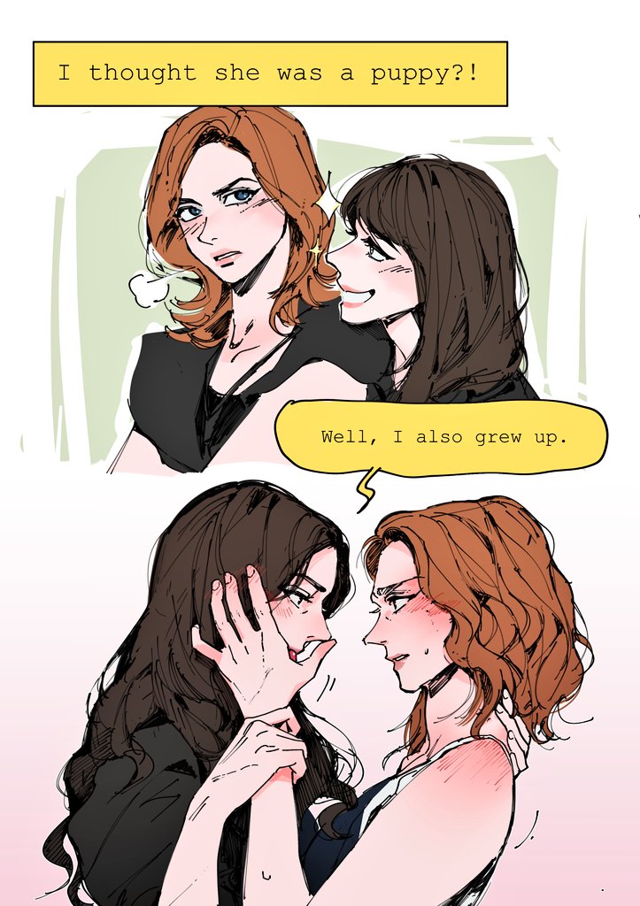 2girls, andrea_sachs, blue_eyes, blush, brown_hair, commentary, emily_charlton, english_text, hamu5577, long_hair, medium_hair, multiple_girls, smile, the_devil_wears_prada, yuri