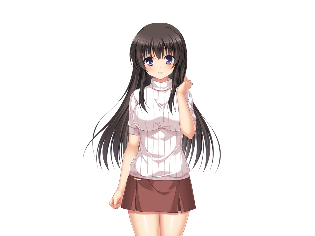 1girl, aomi_riru, black_hair, blush, breasts, brown_skirt, closed_mouth, cowboy_shot
