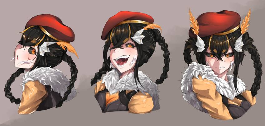 1girl, absurdres, antennae, arthropod_girl, black_hair, black_sclera, braid, colored_sclera, crossed_bangs, evil_smile, grub_grub, hair_between_eyes, hat, highres, indie_virtual_youtuber, juniper_actias, juniper_actias_(tactical), monster_girl, moth_antennae, moth_girl, multiple_views, open_mouth, orange_eyes, red_hat, smile, twin_braids, virtual_youtuber