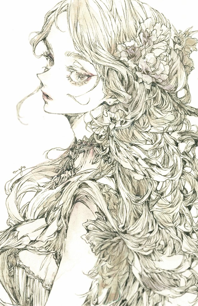 1girl, 7na5go, flower, forehead, frilled_shirt, frills, from_side, hair_flower