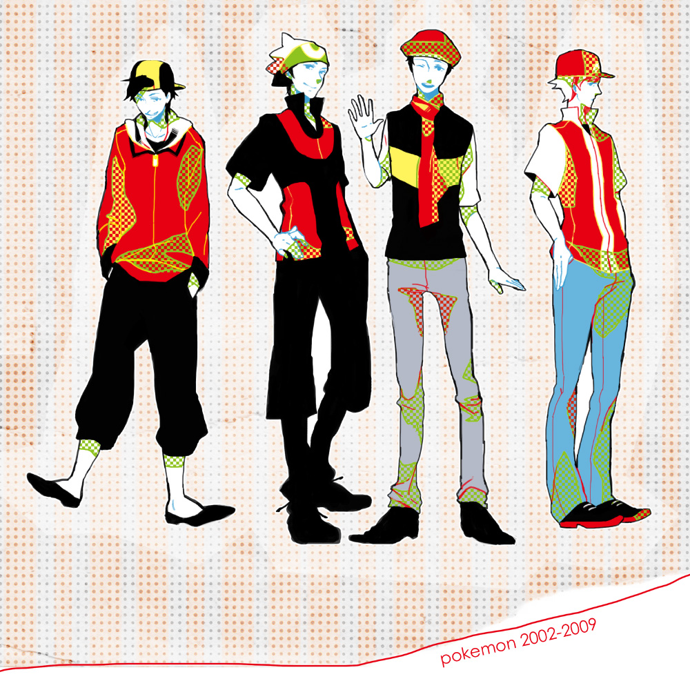 2009, 4boys, alternate_costume, alternate_headwear, baseball_cap, brown_hair, coat, gold_(pokemon), gold_(pokemon)_(remake), hands_in_pocket, hands_in_pockets, hat, kouki_(pokemon), male, multiple_boys, pants, pokemon, pokemon_(game), pokemon_diamond_and_pearl, pokemon_dppt, pokemon_firered_and_leafgreen, pokemon_frlg, pokemon_gsc, pokemon_heartgold_and_soulsilver, pokemon_hgss, pokemon_rgby, pokemon_rse, pokemon_ruby_and_sapphire, red_(pokemon), red_(pokemon)_(remake), scarf, shoes, smile, title_drop, yodokawa_(yukko), yuuki_(pokemon), yuuki_(pokemon)_(classic)
