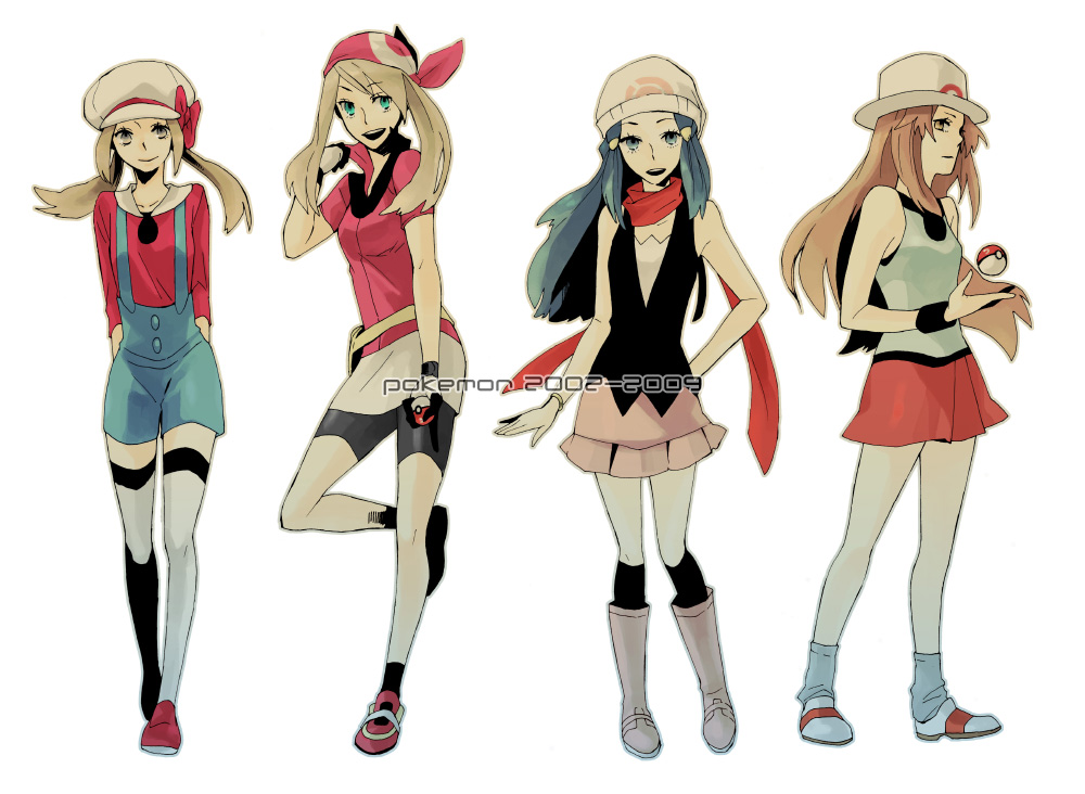 2009, 4girls, bandana, bare_shoulders, beanie, bike_shorts, blue_(pokemon), blue_eyes, blue_hair, boots, bow, bracelet, brown_eyes, brown_hair, everyone, footwear, green_eyes, hair_ornament, haruka_(pokemon), hat, hikari_(pokemon), holding, holding_poke_ball, jewelry, kotone_(pokemon), leaf_(pokemon), long_hair, multiple_girls, overalls, poke_ball, pokemon, pokemon_(game), pokemon_diamond_and_pearl, pokemon_dppt, pokemon_firered_and_leafgreen, pokemon_frlg, pokemon_gsc, pokemon_heartgold_and_soulsilver, pokemon_hgss, pokemon_rgby, pokemon_rse, pokemon_ruby_and_sapphire, scarf, shoes, shorts, skirt, socks, standing_on_one_leg, thighhighs, title_drop, twintails, white_legwear, yodokawa_(yukko)