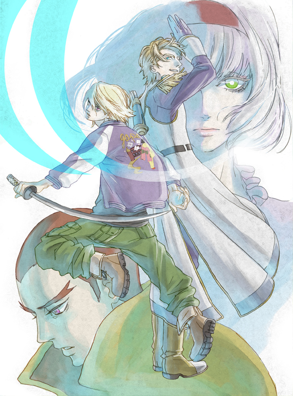 blonde_hair, blue_eyes, bob_cut, boots, cis_(tiger_&amp;_bunny), dress, edward_(tiger_&amp;_bunny), edward_keddy, epaulettes, green_eyes, headband, ivan_karelin, jacket, jetpack, katana, letterman_jacket, male, manami, multiple_boys, power_suit, purple_eyes, purple_jacket, red_hair, redhead, short_hair, sky_high, superhero, sword, tiger_&amp;_bunny, violet_eyes, weapon, white_hair
