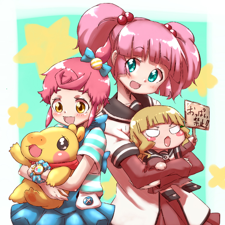 back-to-back, blush, blush_stickers, bow, bracelet, green_eyes, hair_bobbles, hair_bow
