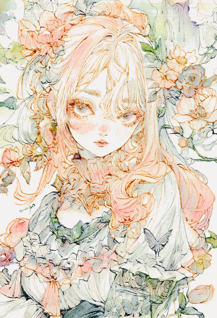 1girl, 7na5go, bug, butterfly, detached_collar, dress, flower, frilled_dress