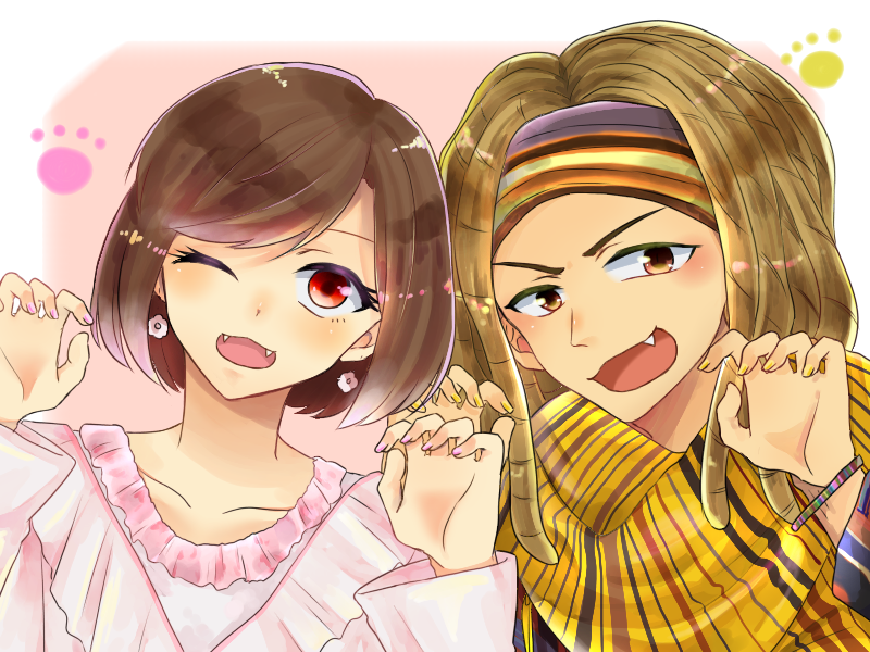 1boy, 1girl, amu_(doubutsu_sentai_zyuohger), blonde_hair, brown_hair, doubutsu_sentai_zyuohger, dreadlocks, earrings