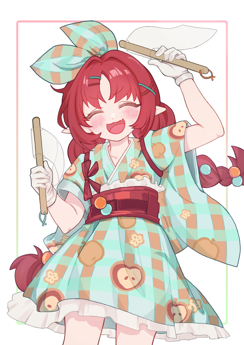 1girl, :d, ^_^, absurdres, apple_print, arknights, braid, chinese_commentary