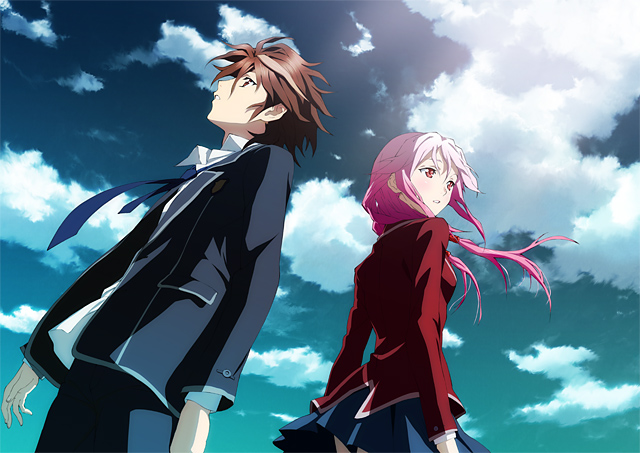 guilty_crown, multicolored_hair, official_art, ouma_shu, ouma_shuu, school_uniform, two-tone_hair, yuzuriha_inori