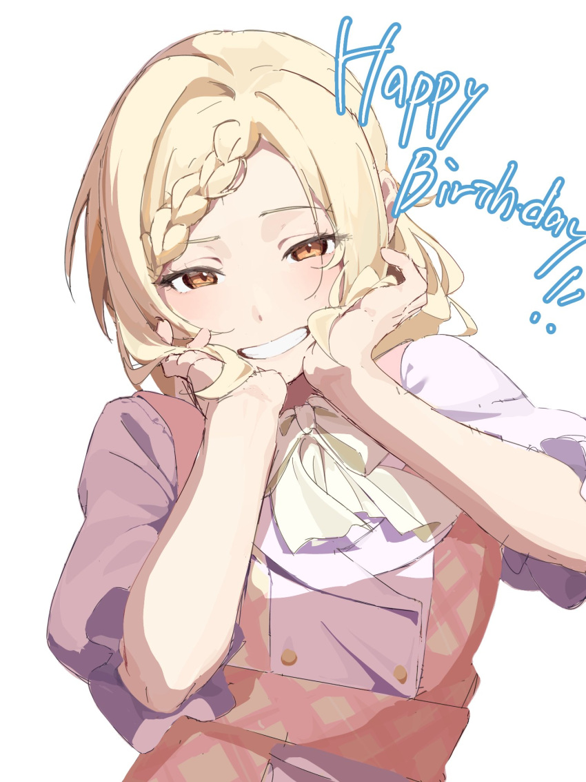 1girl, :d, blonde_hair, braid, braided_bangs, commentary, dress, grin