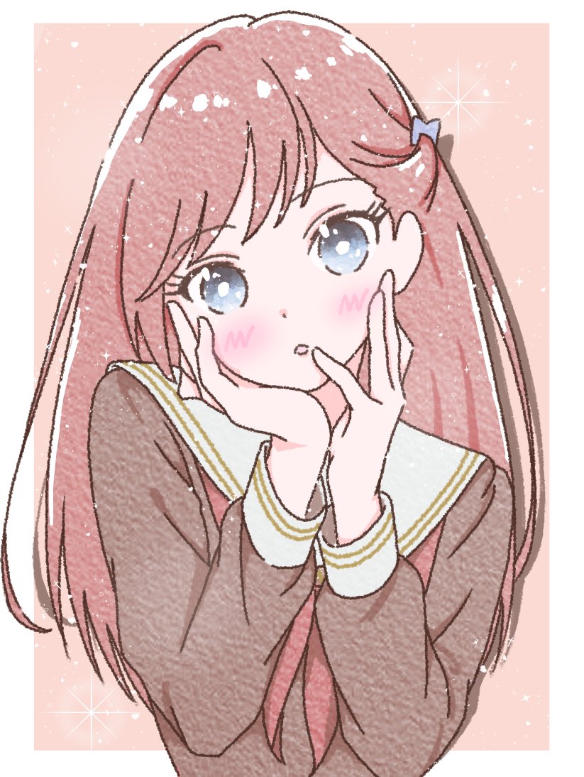 1girl, alfaromio, azabu_mai, blue_eyes, blush, border, brown_dress, commentary