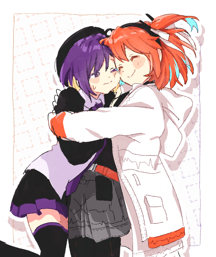 2girls, a.i._voice, adachi_rei, belt, beret, black_hairband, black_hat, black_shirt