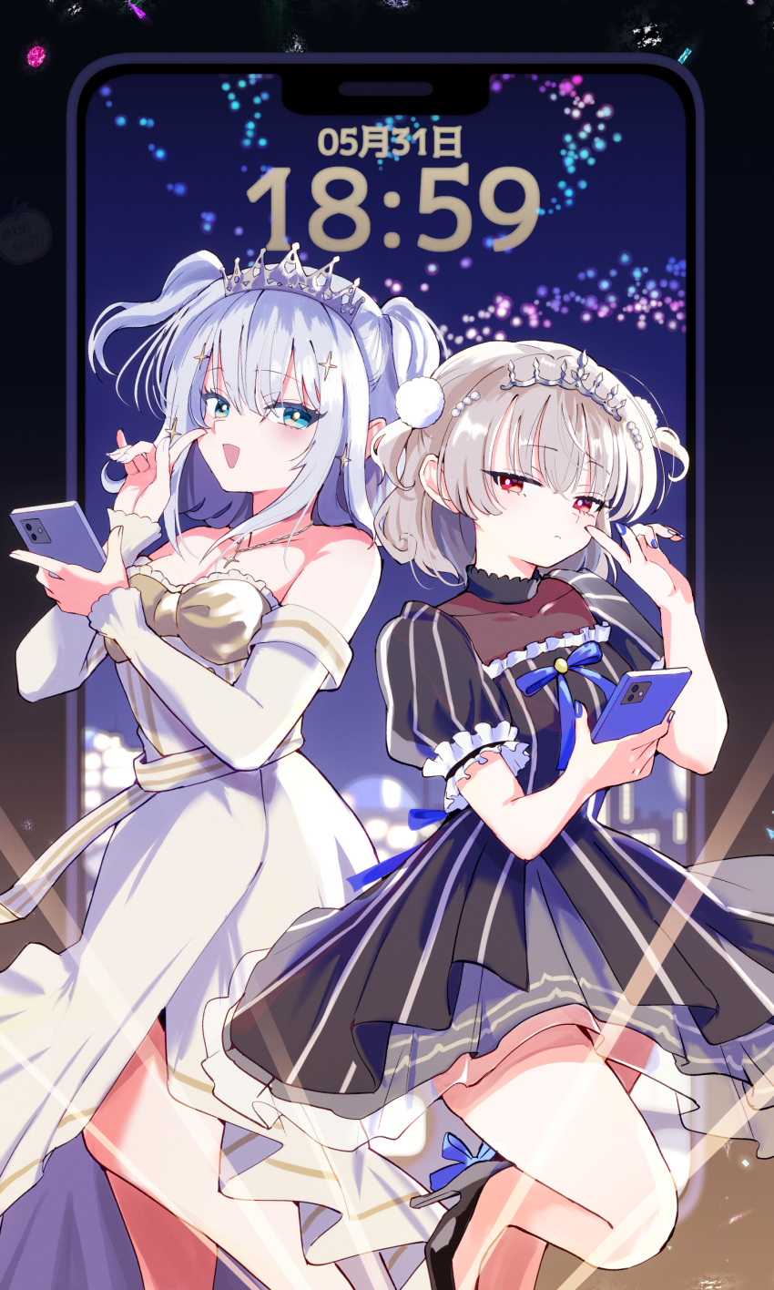 2girls, absurdres, bare_shoulders, black_dress, black_shoes, cellphone, commentary, detached_sleeves