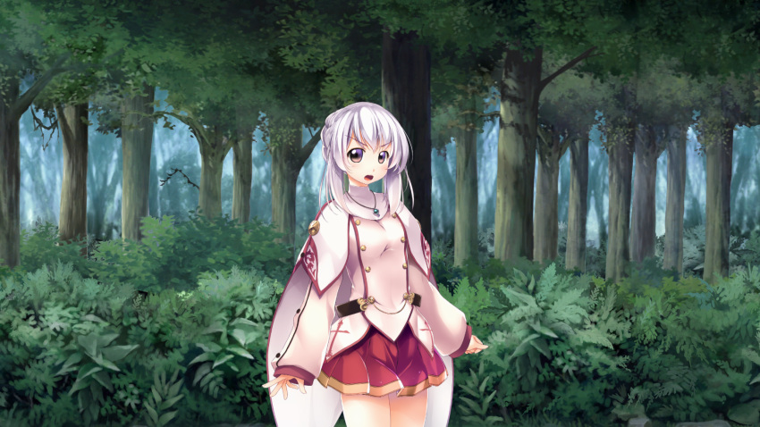 1girl, atelier-moo, belt, braid, braided_bun, breasts, brown_eyes, capelet, cowboy_shot, forest, game_asset, hair_between_eyes, hair_bun, highres, jewelry, long_sleeves, looking_at_viewer, lutie, miniskirt, nature, necklace, non-web_source, official_art, open_mouth, our_battle_has_just_begun!, outdoors, pleated_skirt, red_skirt, self-datamine, shirt, skirt, small_breasts, solo, standing, thighs, tree, v-shaped_eyebrows, variant_set, visual_novel_cg, white_capelet, white_hair