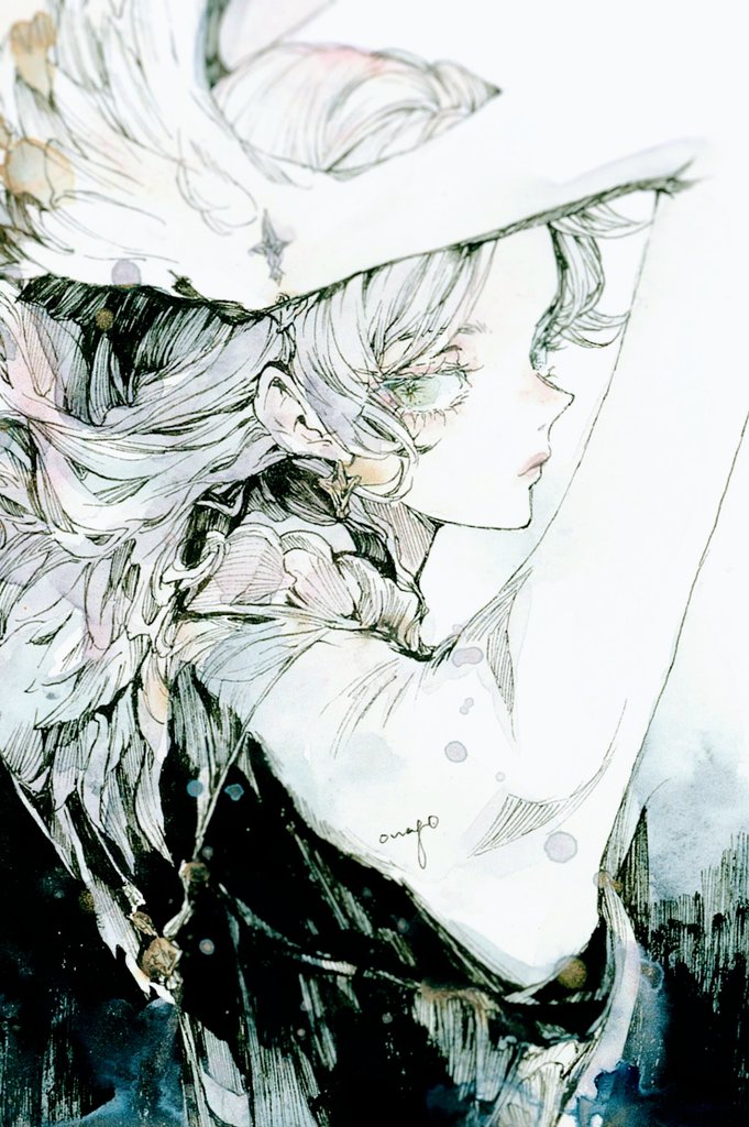1girl, 7na5go, black_dress, commentary_request, dress, expressionless, feathers, forehead