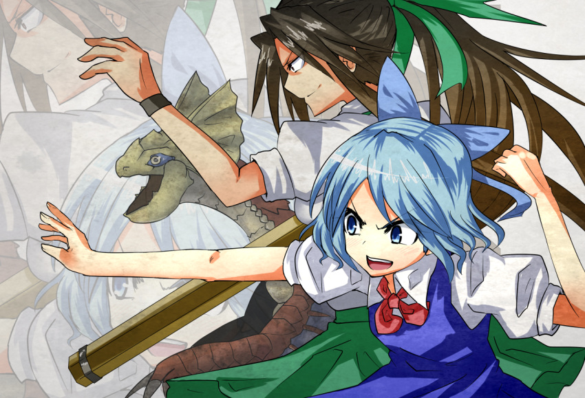 arm_cannon, blue_dress, blue_eyes, blue_hair, bow, brown_hair, cirno, crossover