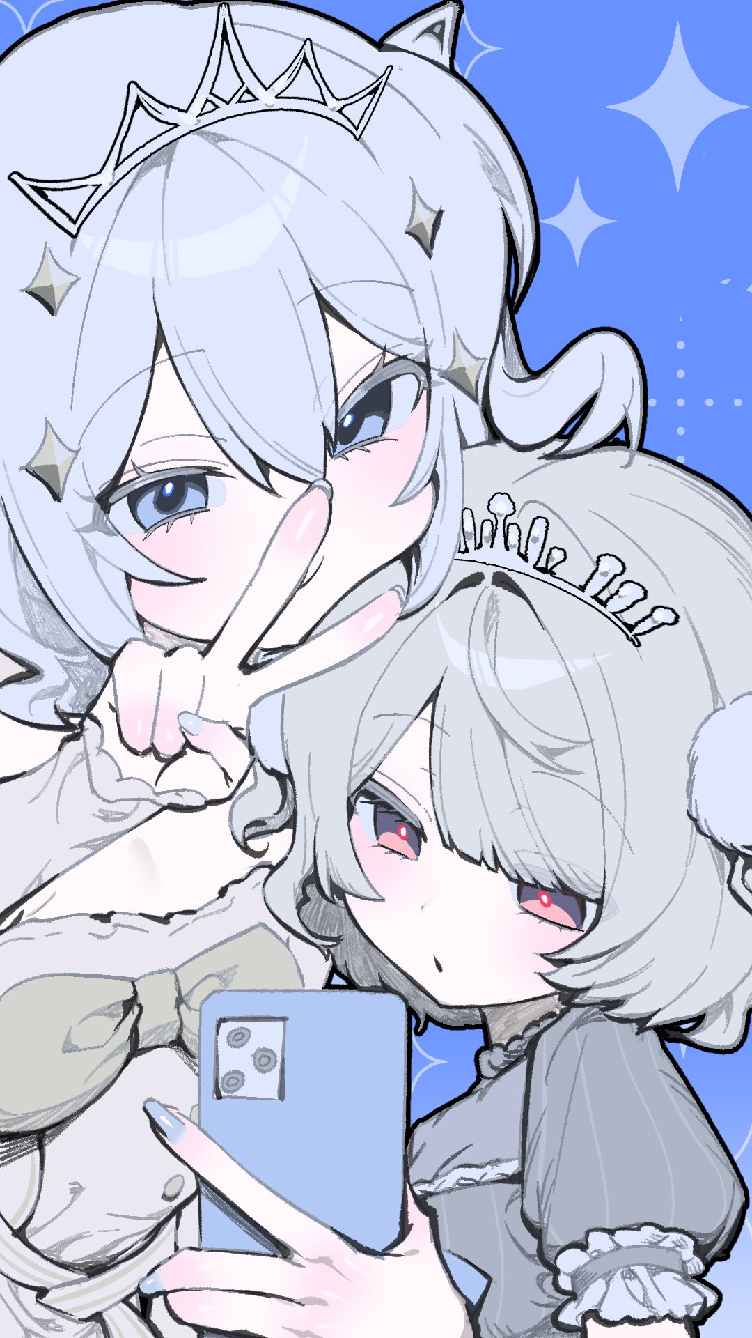 2girls, blue_background, blue_eyes, bow, bowtie, commentary_request, dress, grey_bow, grey_bowtie, grey_dress, grey_hair, hair_ornament, hand_up, highres, machi_app_princess_(voisona), medium_hair, multiple_girls, nayuta_(gnlvld_22), open_mouth, pink_eyes, pom_pom_(clothes), pom_pom_hair_ornament, puffy_short_sleeves, puffy_sleeves, short_sleeves, simple_background, tamaki_(voisona), tiara, two_side_up, ui_(voisona), upper_body, v, voisona
